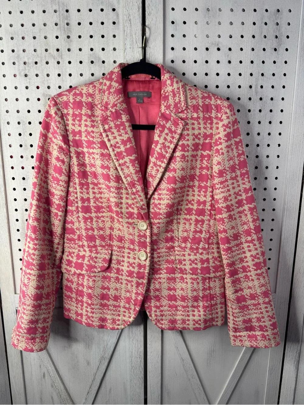 Ann Taylor Pink Cream Tweed Blazer Jacket Women’s Size 6 Career Preppy Classic